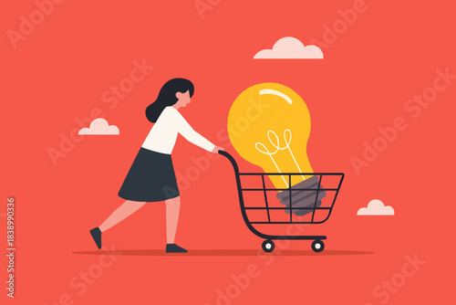 tutoring or skills development, buy online courses or take training to improve skills, businesswoman buys light bulb idea puts it in shopping cart