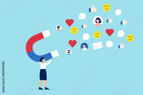 attraction marketing, strategy to result in making more sales, increasing interaction in digital marketing strategies, business woman carry large magnets to generate high content engagement