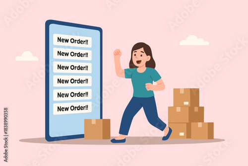 sell products online on e-commerce website or online shop application, get new order, technology for selling on the internet, happy businesswoman gets lots of new orders with packages ready to be sent