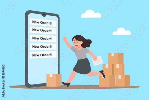 sell products online on e-commerce website or online shop application, get new order, technology for selling on the internet, happy businesswoman gets lots of new orders with packages ready to be sent