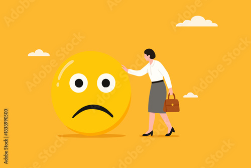 work problem, sad businesswoman leaning on big sad emoticon, business problem or economic recession from financial inflation