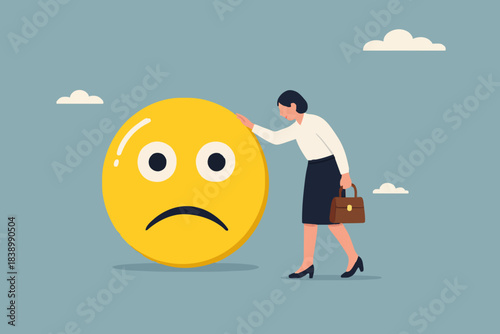 work problem, sad businesswoman leaning on big sad emoticon, business problem or economic recession from financial inflation