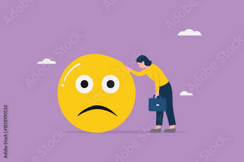 work problem, sad businesswoman leaning on big sad emoticon, business problem or economic recession from financial inflation