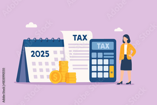 2025 annual income tax filing, Doing taxes accounting and annual financial paperwork, tax form or annual notification of monthly duty and debt, businesswoman standing near a big calculator tax