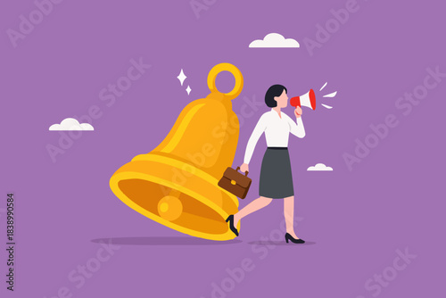 notification or announcement, Follow up customers on online business with notification to achieve sales targets, woman using megaphone standing next to big notification bell concept illustration