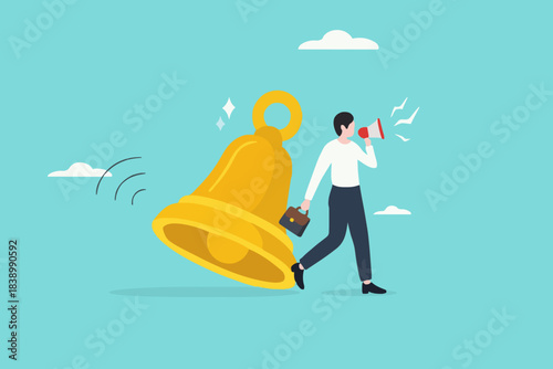 notification or announcement, Follow up customers on online business with notification to achieve sales targets, woman using megaphone standing next to big notification bell concept illustration
