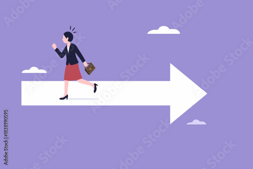 wrong direction lead to mistake, mislead or false to get lost concept, leadership decision to be difference or opposite, Confused businesswoman running in wrong opposite direction of trend arrow