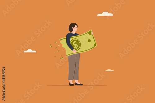 lost money investment in economic recession or falling stock market value, businesswoman holding large dollar banknotes that are crumbling and decreasing in value concept vector illustration