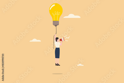 leadership science, provide instructions or education with knowledge, good leadership to achieve business goal or target, businesswoman flying with light bulb balloon while carrying megaphone