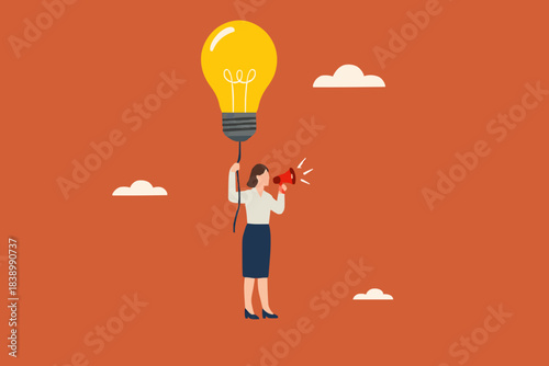 leadership science, provide instructions or education with knowledge, good leadership to achieve business goal or target, businesswoman flying with light bulb balloon while carrying megaphone
