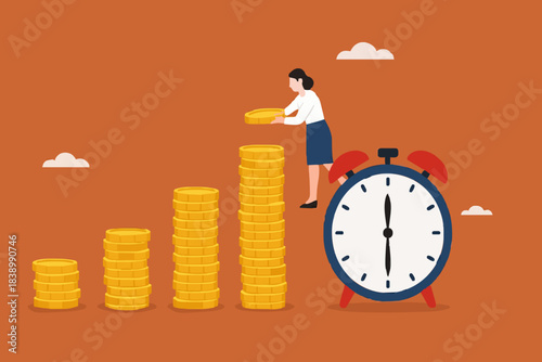 Growth Earning From Compound Interest In Long Term Investing, businesswoman makes financial growth graph by stacking gold coins on top of big clock vector illustration