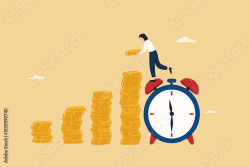 Growth Earning From Compound Interest In Long Term Investing, businesswoman makes financial growth graph by stacking gold coins on top of big clock vector illustration