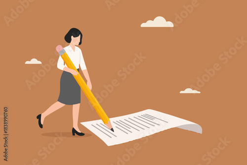 prompt engineer or content writer concept, blogger, bullet journalist or publishing editor concept, smart woman freelance holding big pencil thinking and writing content or AI prompt on notepad paper