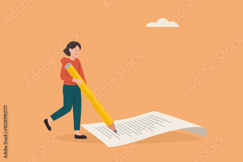 prompt engineer or content writer concept, blogger, bullet journalist or publishing editor concept, smart woman freelance holding big pencil thinking and writing content or AI prompt on notepad paper