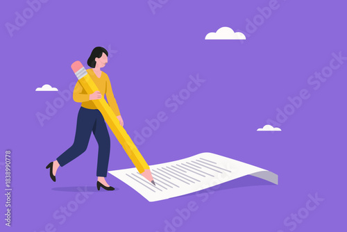 prompt engineer or content writer concept, blogger, bullet journalist or publishing editor concept, smart woman freelance holding big pencil thinking and writing content or AI prompt on notepad paper