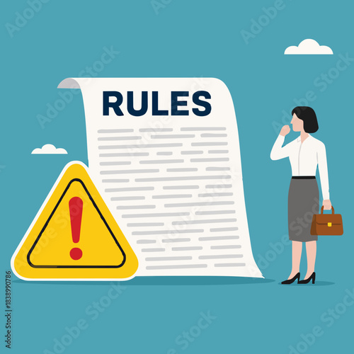 work rules and regulation, company standard operating procedures, Company policies for employee guidelines, smart businesswoman finishes writing work rules and regulations document concept