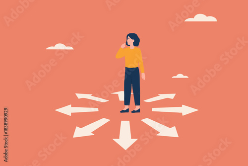 choose business strategy or career journey, looking for solutions or innovations in overcoming life's problems, challenges in selecting opportunities, businesswoman are confused choosing a direction