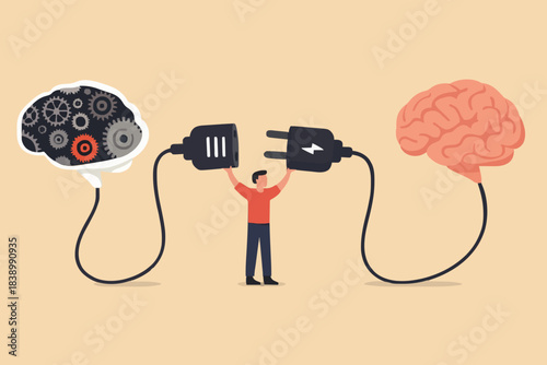 human creativity with AI collaboration, Uniting human brains and computers, balancing the power of AI with human connection, woman connect plug with human brain to AI concept vector illustration