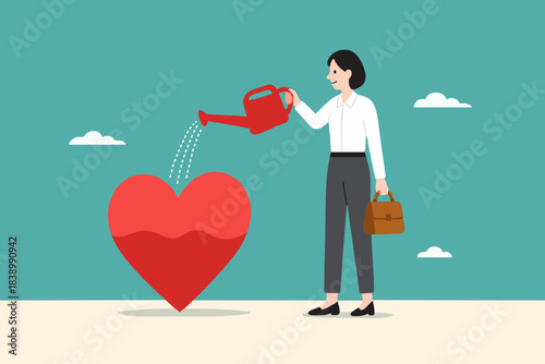 work passion, mindset or attitude to work according to our talents and interests, Businesswoman pouring water to fill heart shaped metaphor of passion vector Illustration