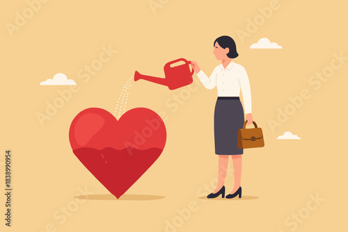 work passion, mindset or attitude to work according to our talents and interests, Businesswoman pouring water to fill heart shaped metaphor of passion vector Illustration