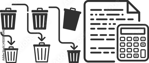 Data cleaning and preprocessing concept, trash bin filtering to document and calculator, analysis workflow, flat vector illustration