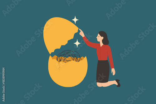 investment fraud, stock market investment scam, Stunned businesswoman investors open fake egg investment containing messy lines