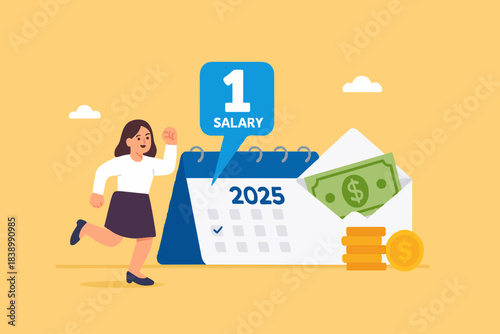 happy woman employee or workers receive a monthly salary in 2025, active income with salary payment concept, Payday loans monthly salary concept vector Illustration with flat style