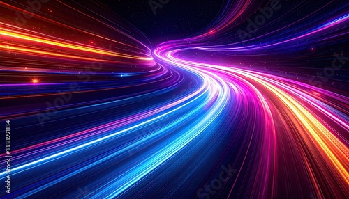 Dynamic, abstract display of flowing light trails in vibrant red, orange, and blue hues