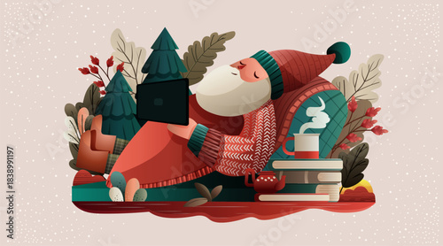 Santa relaxing Christmas holiday cozy winter scene with Santa Claus lounging on a chair reading tablet surrounded by books hot drink trees festive decor