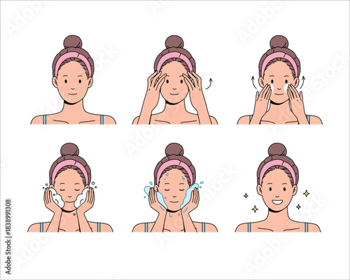 Face Cleansing Steps. Applying Cleanser illustration. Vector Flat Design.
