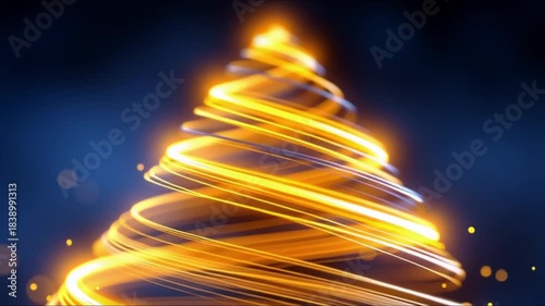 Bright golden ribbon light smoothly forms the silhouette of a holiday tree, glowing particles softly move around the swirling shape on a dark blue background. Copy space