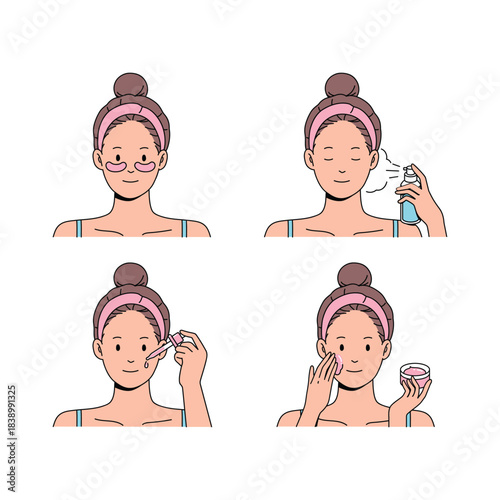 Women Skincare Routine Steps. Skincare Treatment and Application. Vector Flat Design.