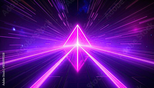 Fototapeta Naklejka Na Ścianę i Meble -  Geometric tunnel of bright neon pink and purple lines converging on a central, luminous arrow