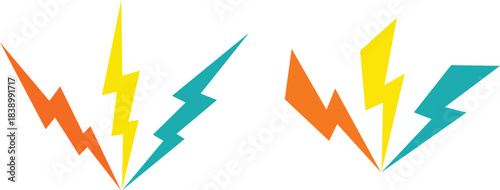 Three colorful lightning bolt shapes in orange yellow and teal thunderbolt energy