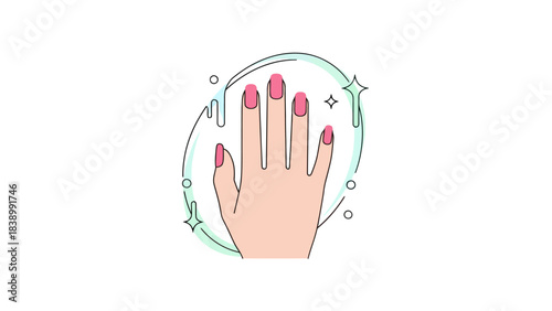 Illustration of a hand with pink manicured nails surrounded by sparkling aqua graphic elements