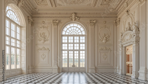Elegant interior of a classical palace with large windows and ornate details