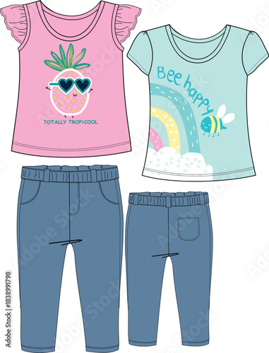girls top with denim pant print illustrations