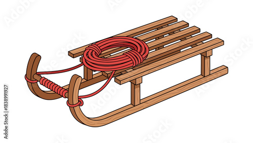 Illustration of a wooden sled with a coiled red rope resting on its surface