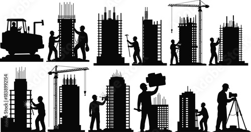 High-rise, construction, silhouette, posture, gesture, crane, scaffold, steel, weld, hammer, blueprint, survey, machinery, bulldozer, setup, infrastructure, urban, motion, vector, black, pose,  
