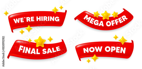 Hiring flag ribbon. Mega discount, Final sale, Now open. We are hiring. Join our team sign. Become a member symbol. Red flag ribbon banners. Promo offer tags. Vector