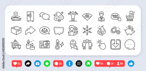 Saving money, Vitamin u and Women headhunting line icons pack. Social media: share, comment, like icons. Snowflake, Hot offer, 5g wifi web icon. Vector