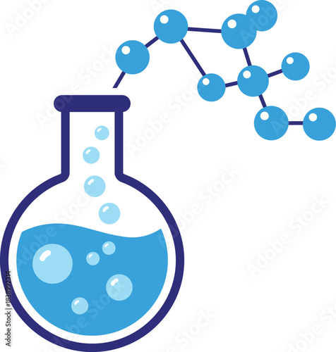 Blue liquid in round bottom flask with molecular structure graphic science chemistry
