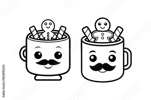 Cute Christmas Mug Silhouette with Hot Chocolate and Gingerbread.