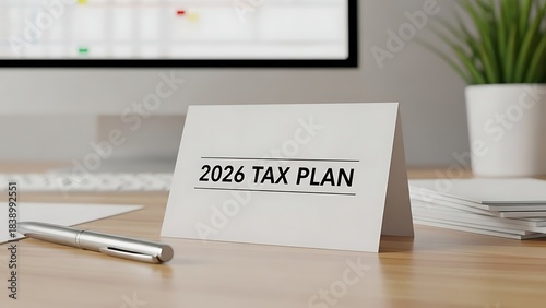 White card on wooden desk displaying 2026 T A X P L A N text with silver pen and computer screen in background