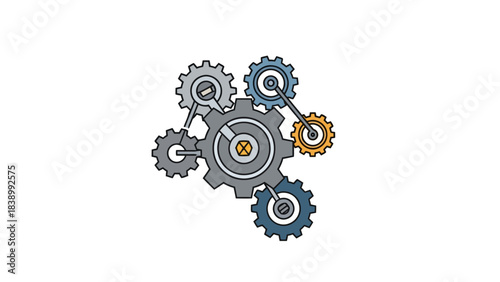 Interlocking gears illustration featuring one large gray gear connected to five smaller gears