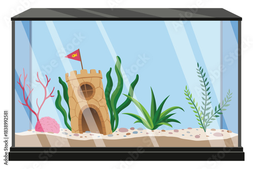 Aquarium with colorful algae, shells and sand. Underwater life with decorative accessories in flat style. Beautiful glass aquarium of home interior. Vector cartoon illustration
