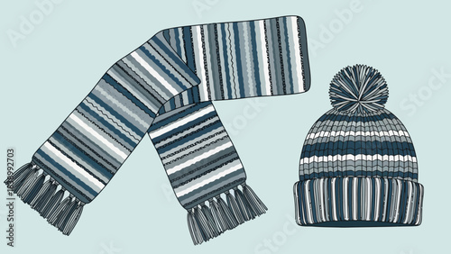 Knitted striped winter hat with pompom and matching fringed scarf