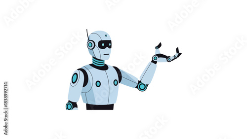 Light blue and black robot torso and head gesturing with raised hand