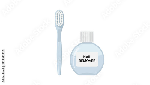 Light blue toothbrush next to a round bottle of nail remover
