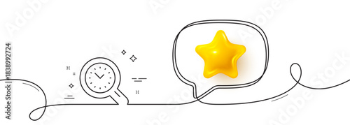 Time management line icon. Continuous line with 3d star. Clock sign. Work analysis symbol. 3d star in speech bubble. Time management single line ribbon. Loop curve pattern. Vector